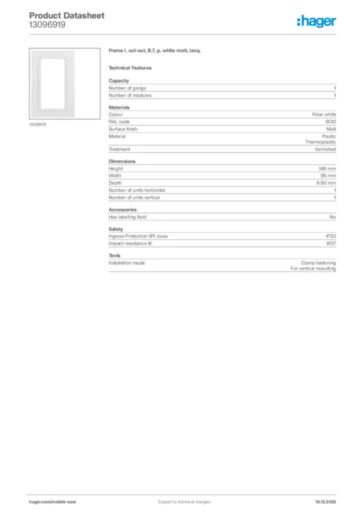 Image Hager Product data sheet 13096919  | Hager