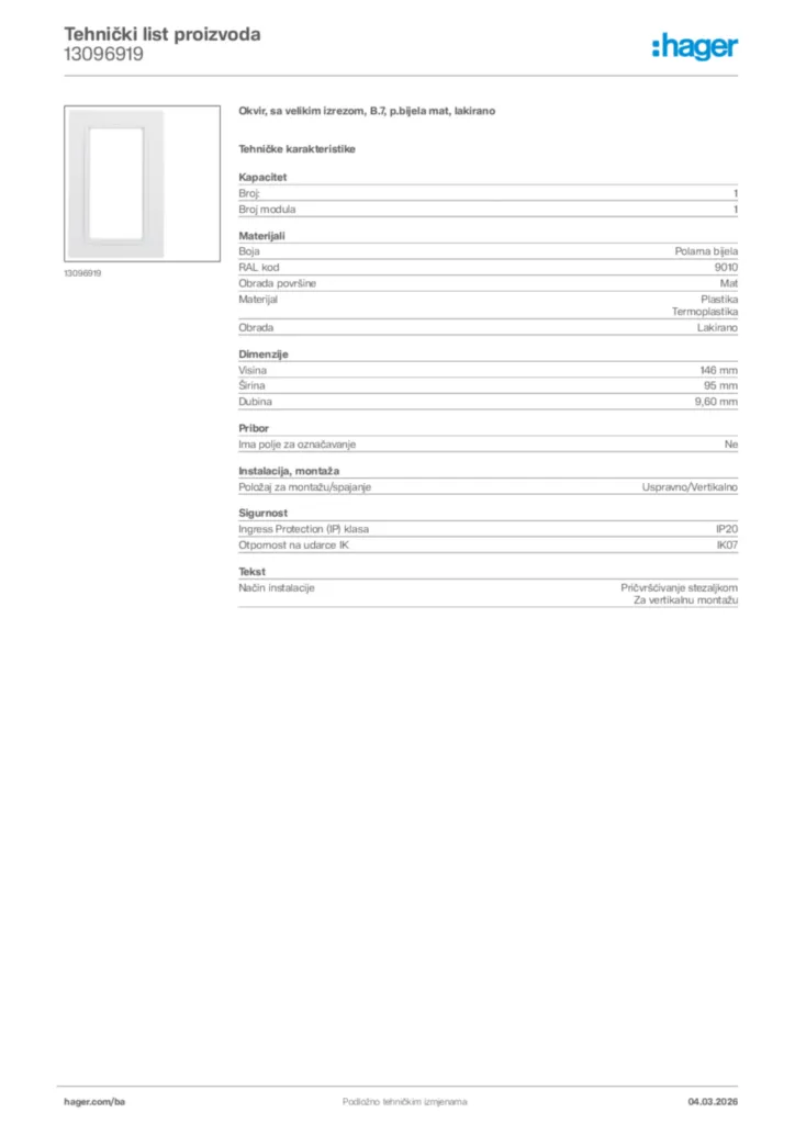Slika Hager Tehnički list proizvoda 13096919  | Hager