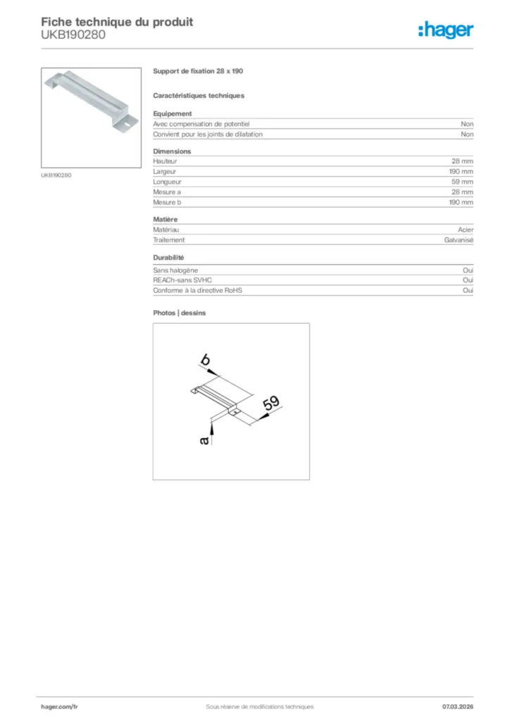 Image Hager Fiche technique du produit UKB190280 | Hager France