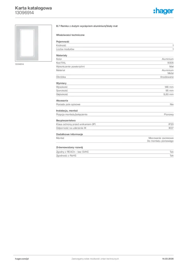 Zdjęcie Hager Karta katalogowa 13096914 | Hager Polska