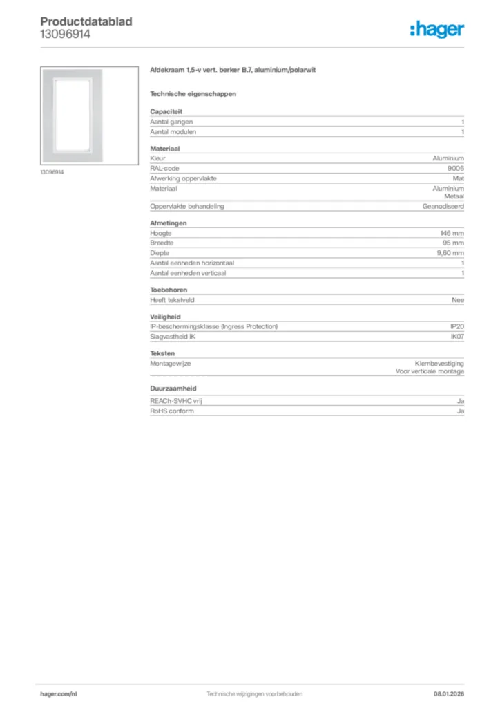 Afbeelding Hager Productdatablad 13096914 | Hager Nederland