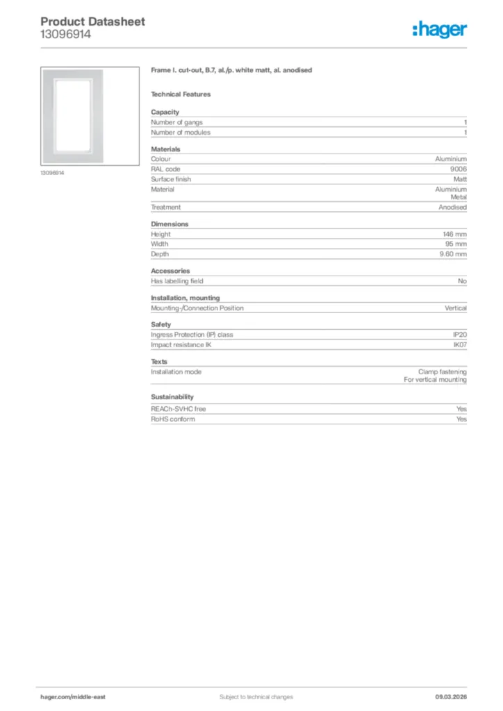 Image Hager Product data sheet 13096914  | Hager