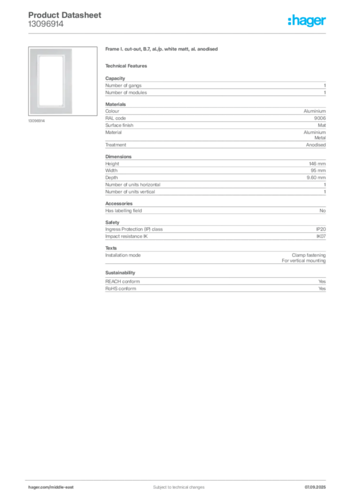 Image Hager Product data sheet 13096914  | Hager