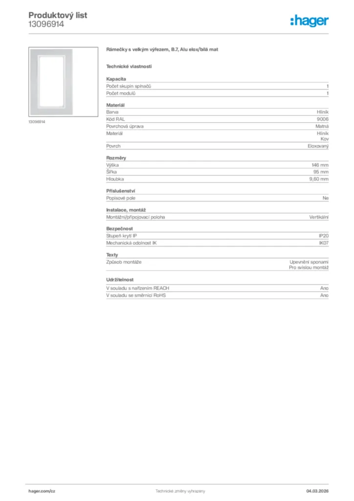 Obrázek Hager Product data sheet 13096914 | Hager