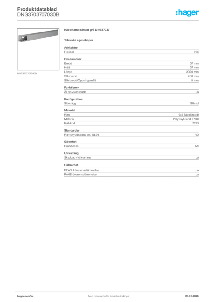 Bild Hager Produktdatablad DNG3703707030B | Hager Sverige