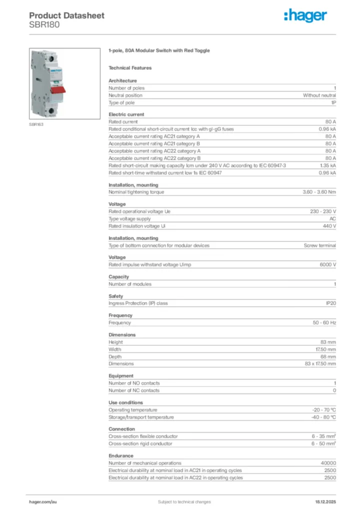 Image Hager Product data sheet SBR180  | Hager Australia