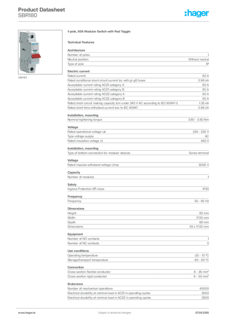 Image Hager Product data sheet SBR180  | Hager