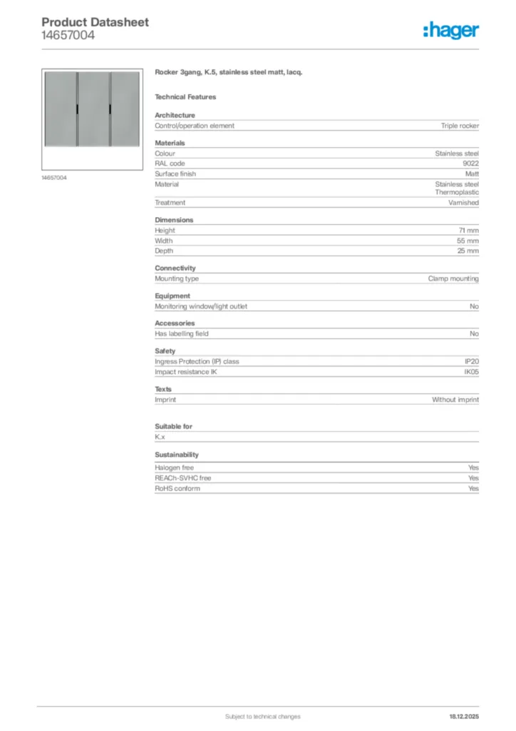 Image Hager Product data sheet 14657004  | Hager