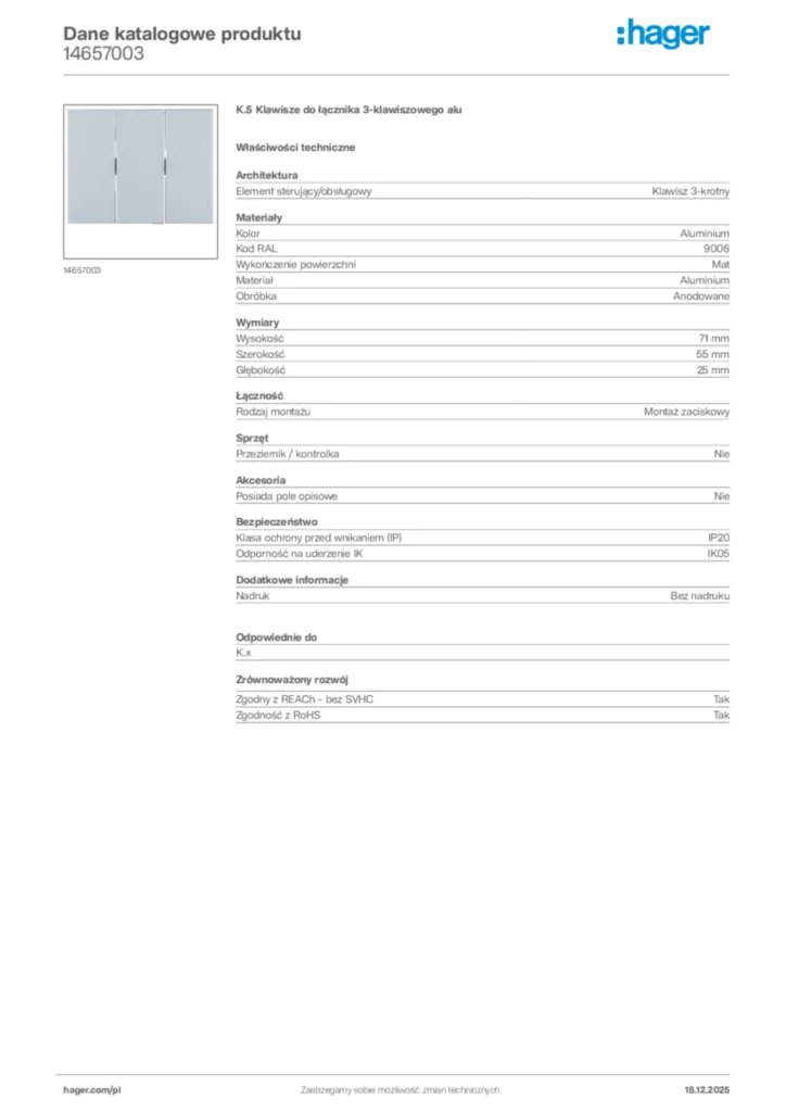 Zdjęcie Hager Karta katalogowa 14657003 | Hager Polska