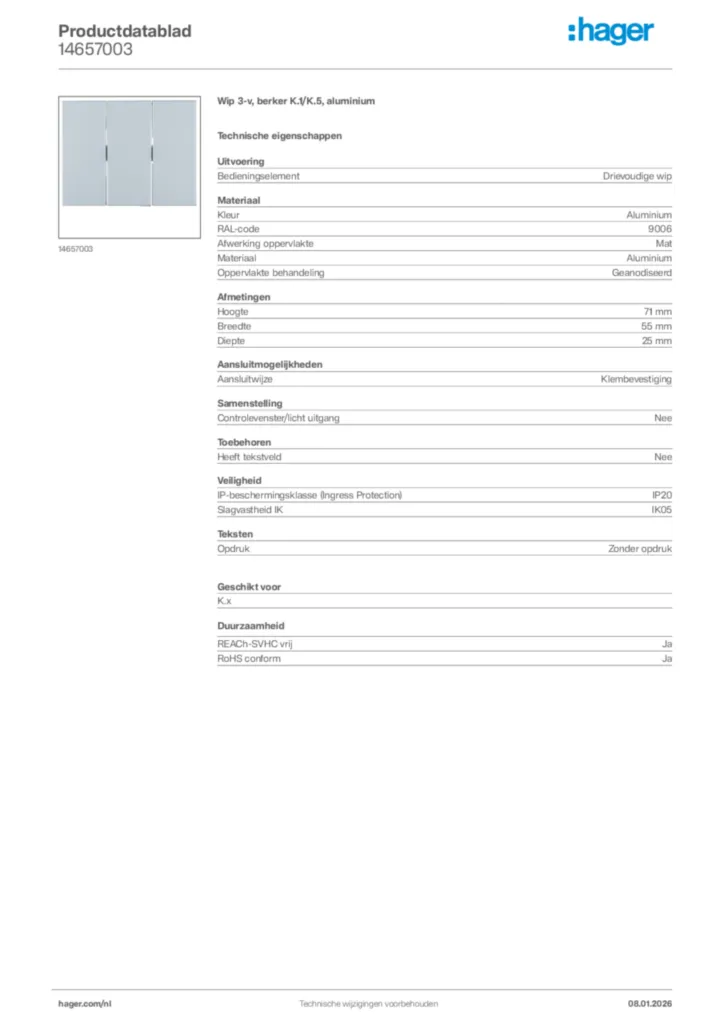 Afbeelding Hager Productdatablad 14657003 | Hager Nederland