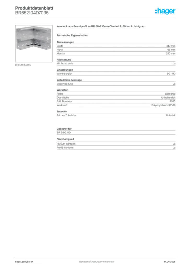 Bild Hager Produktdatenblatt BR652104D7035 | Hager Schweiz