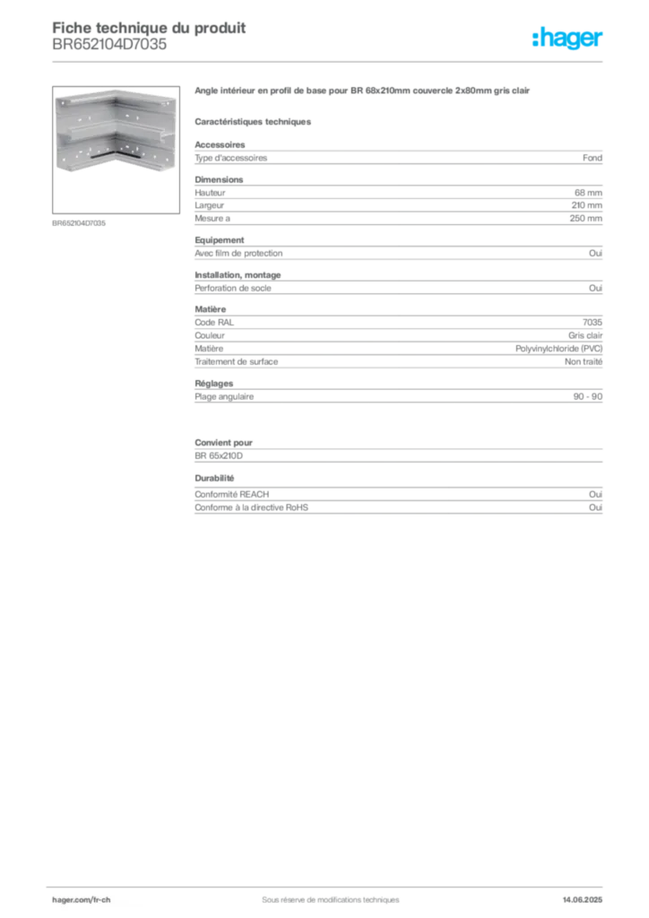 Image Hager Fiche technique du produit BR652104D7035 | Hager Suisse