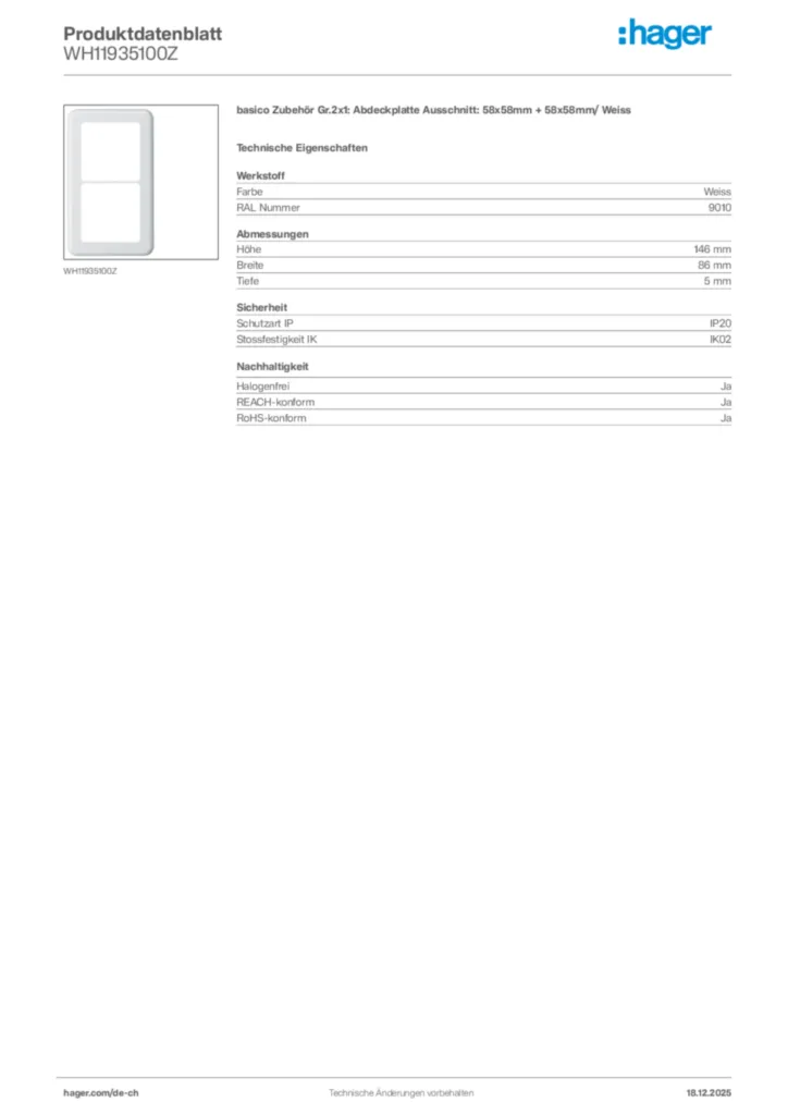 Bild Hager Produktdatenblatt WH11935100Z | Hager Schweiz