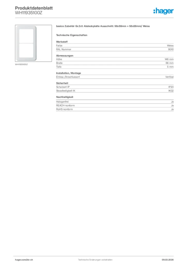 Bild Hager Produktdatenblatt WH11935100Z | Hager Schweiz