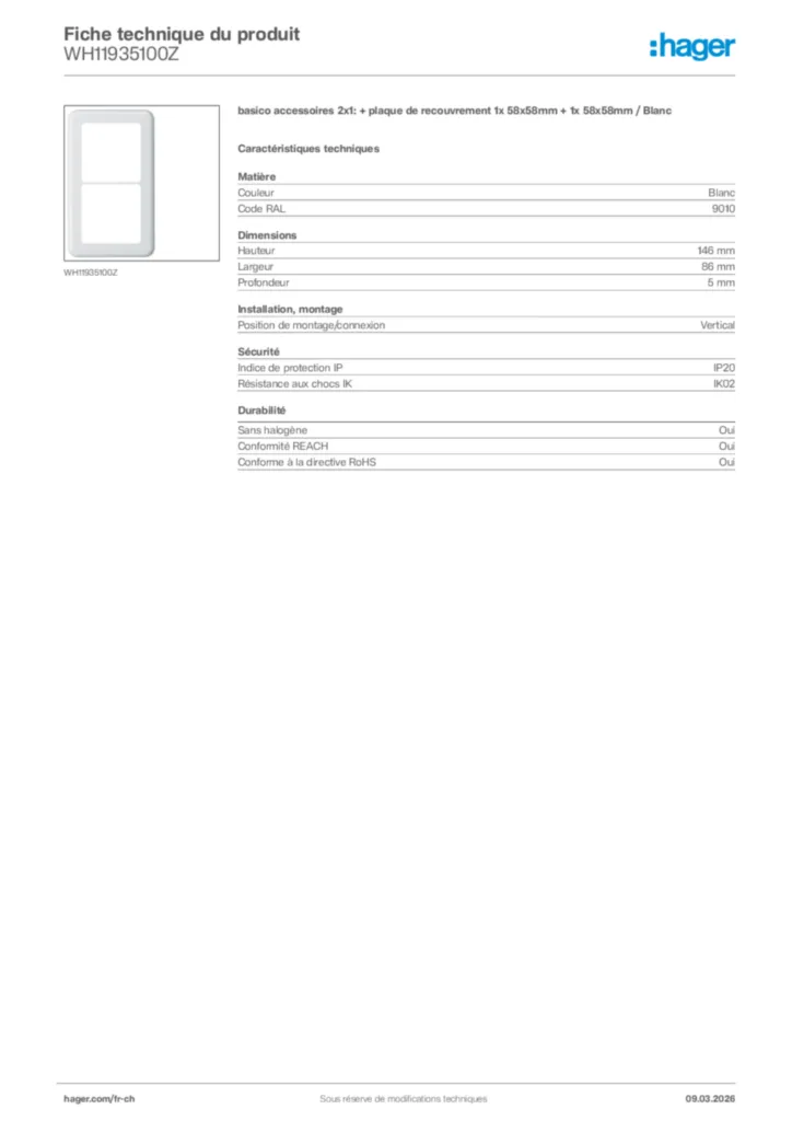 Image Hager Fiche technique du produit WH11935100Z | Hager Suisse