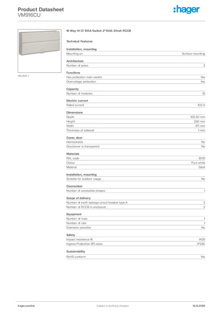 Image Hager Product data sheet VM916CU  | Hager