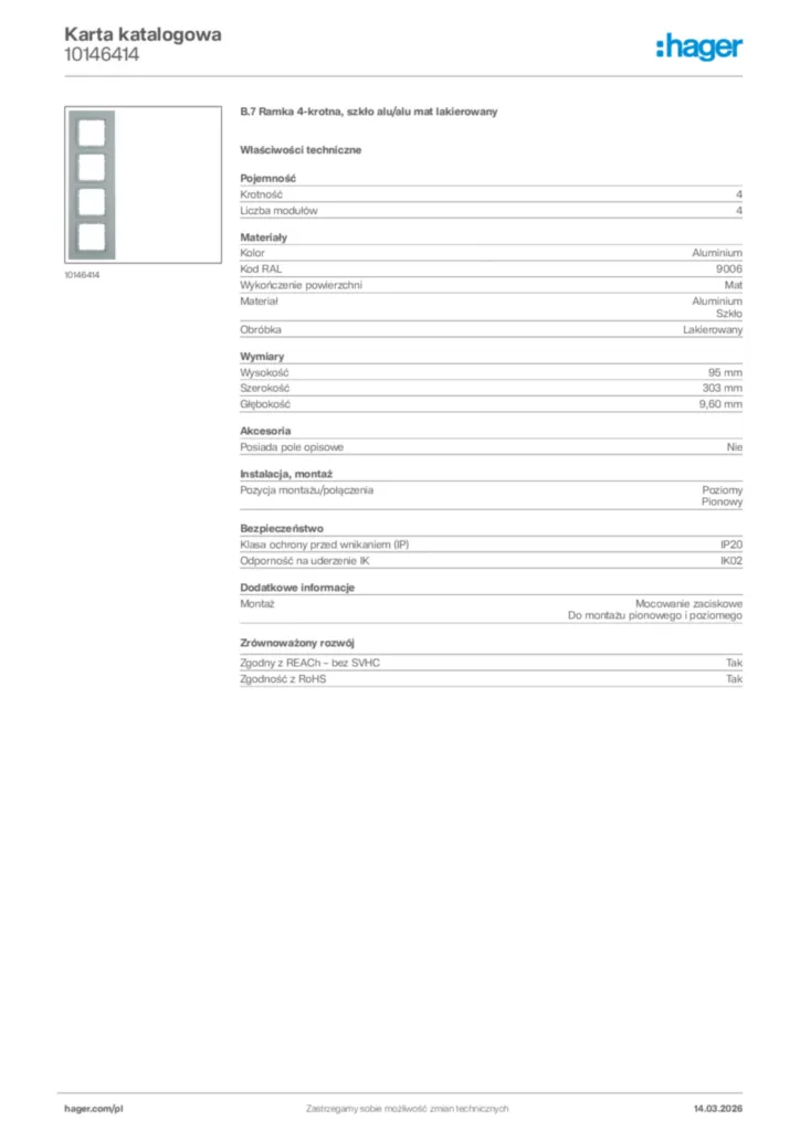 Zdjęcie Hager Karta katalogowa 10146414 | Hager Polska