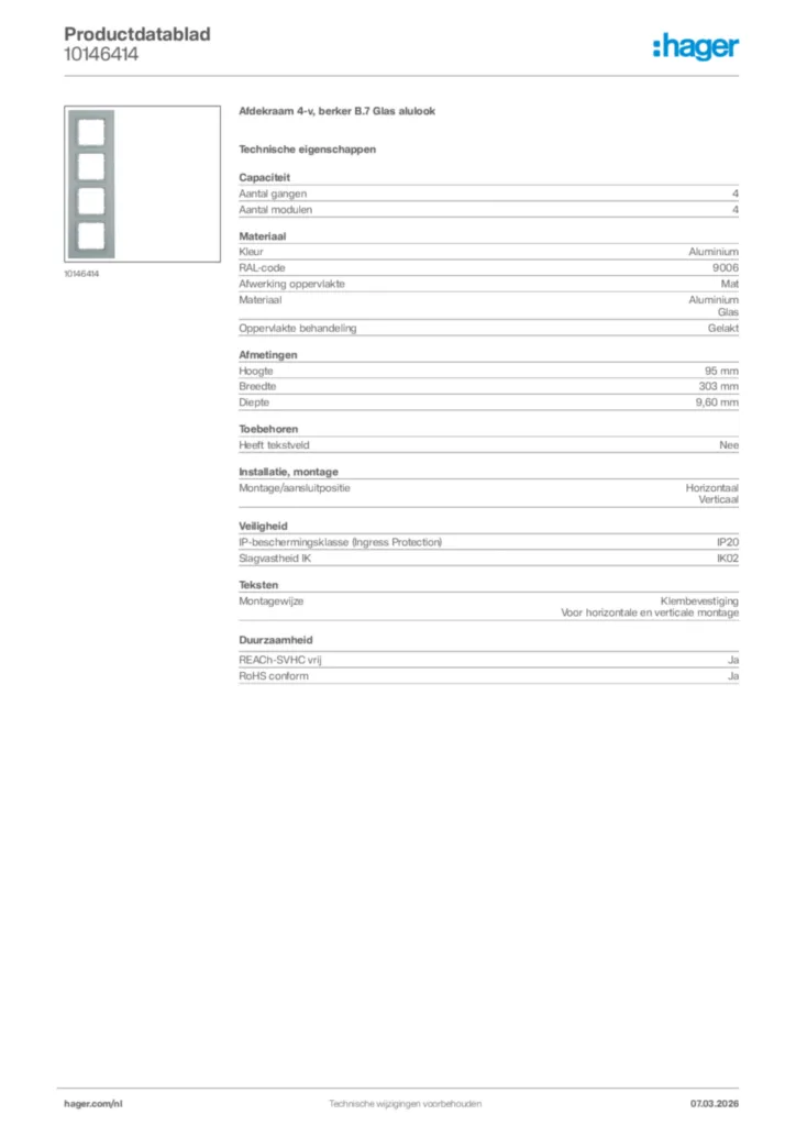 Afbeelding Hager Productdatablad 10146414 | Hager Nederland