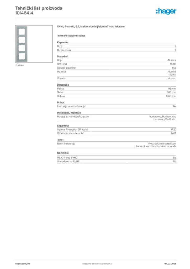 Slika Hager Tehnički list proizvoda 10146414  | Hager