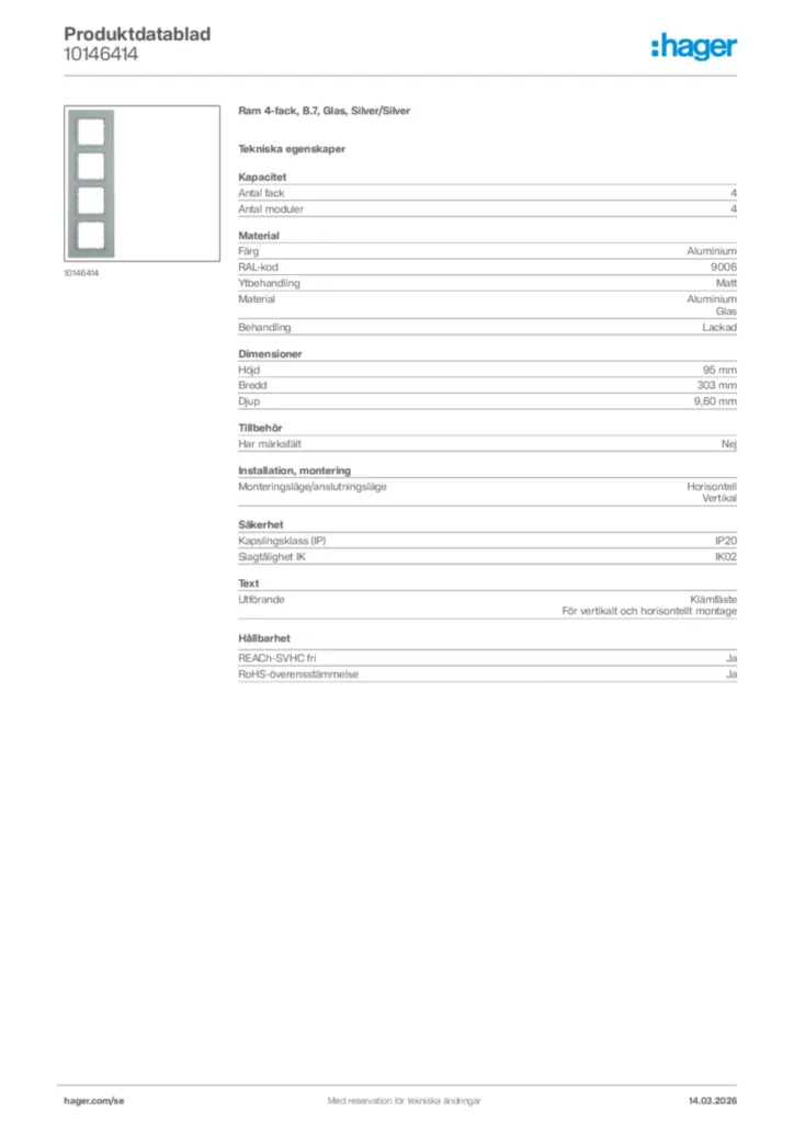 Bild Hager Produktdatablad 10146414 | Hager Sverige