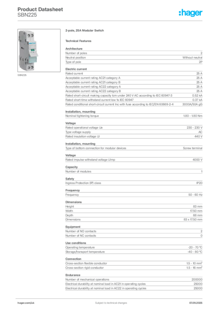 Image Hager Product data sheet SBN225  | Hager