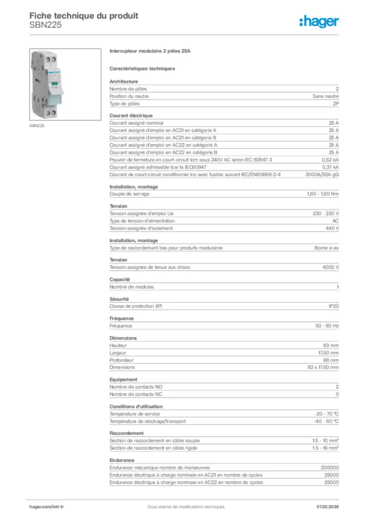 Image Hager Fiche technique du produit SBN225 | Hager Afrique