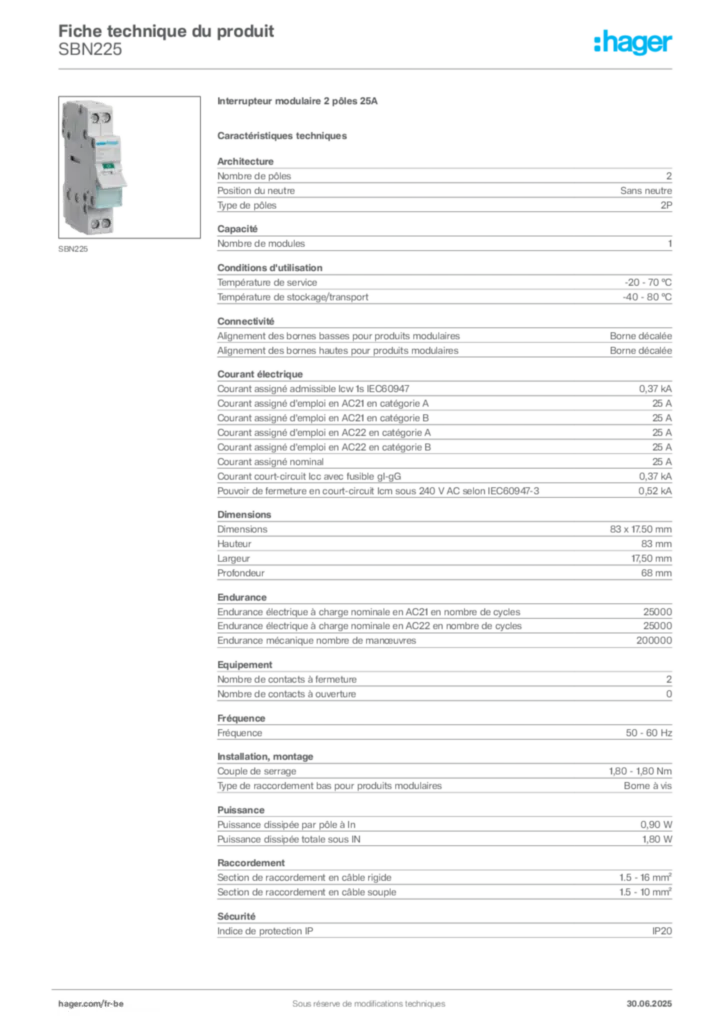 Image Hager Fiche technique du produit SBN225 | Hager Belgique