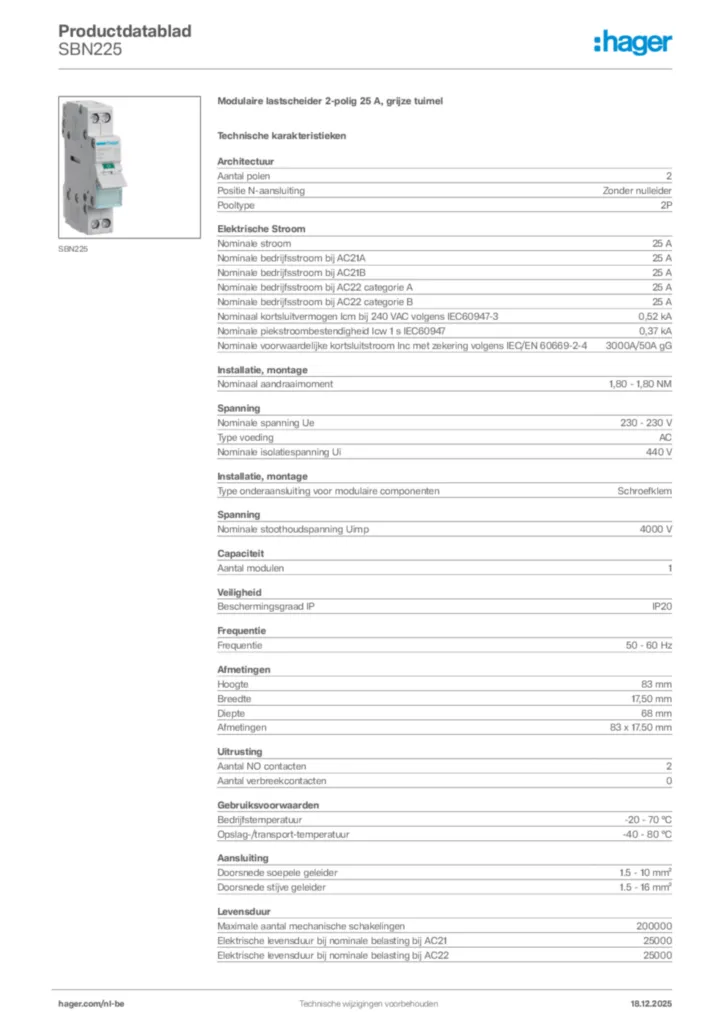 Afbeelding Hager Productdatablad SBN225 | Hager Belgium