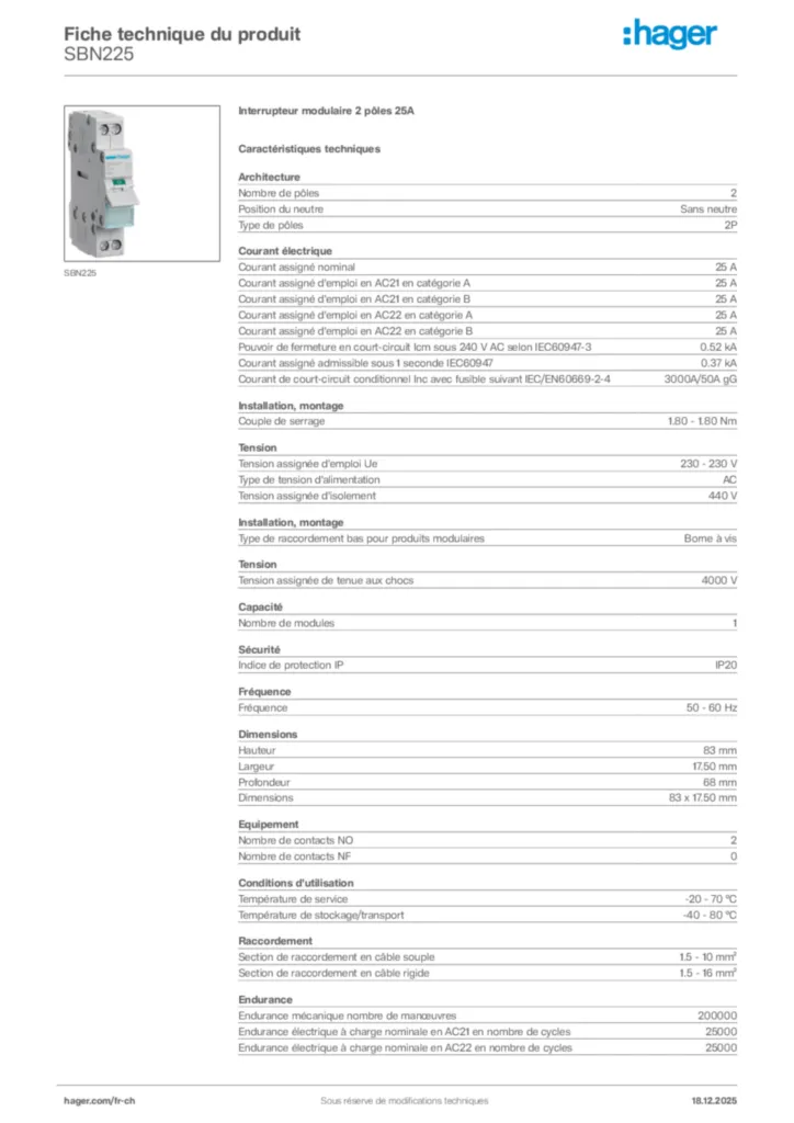 Image Hager Fiche technique du produit SBN225 | Hager Suisse