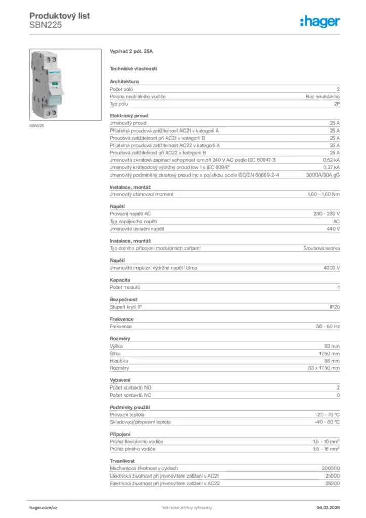 Obrázek Hager Product data sheet SBN225 | Hager