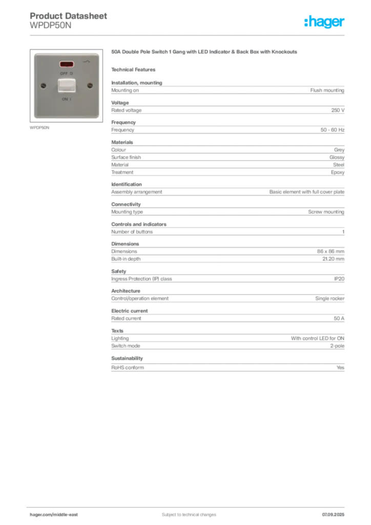Image Hager Product data sheet WPDP50N  | Hager