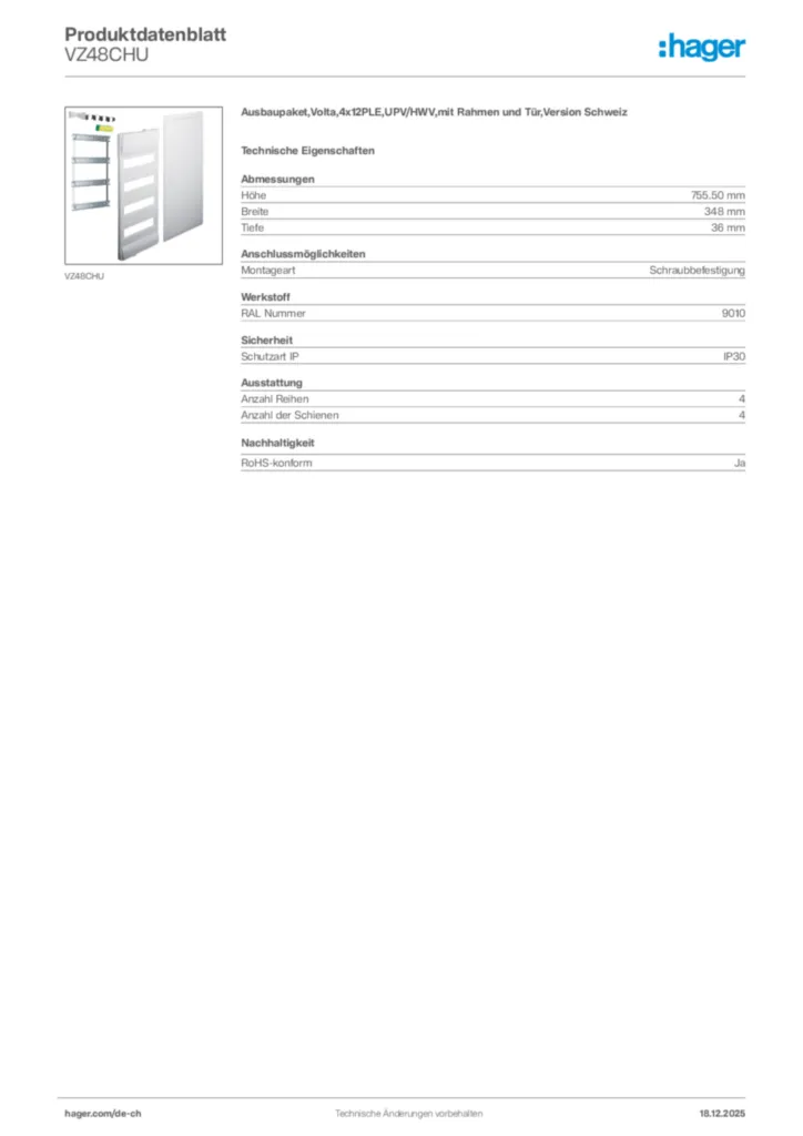 Bild Hager Produktdatenblatt VZ48CHU | Hager Schweiz