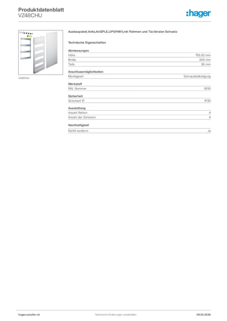 Bild Hager Produktdatenblatt VZ48CHU | Hager Schweiz