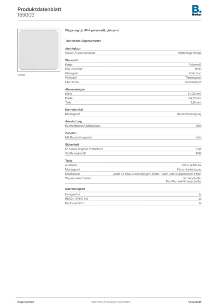 Bild Berker Produktdatenblatt 155009 | Hager Deutschland