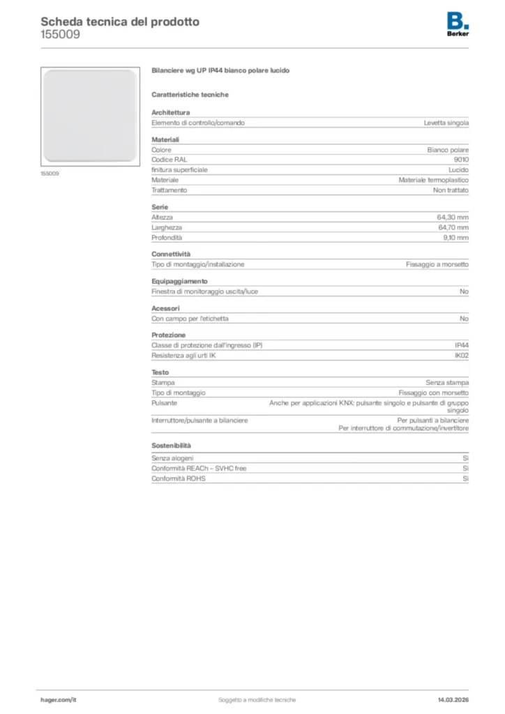Immagine Berker Scheda tecnica del prodotto 155009 | Hager Italia