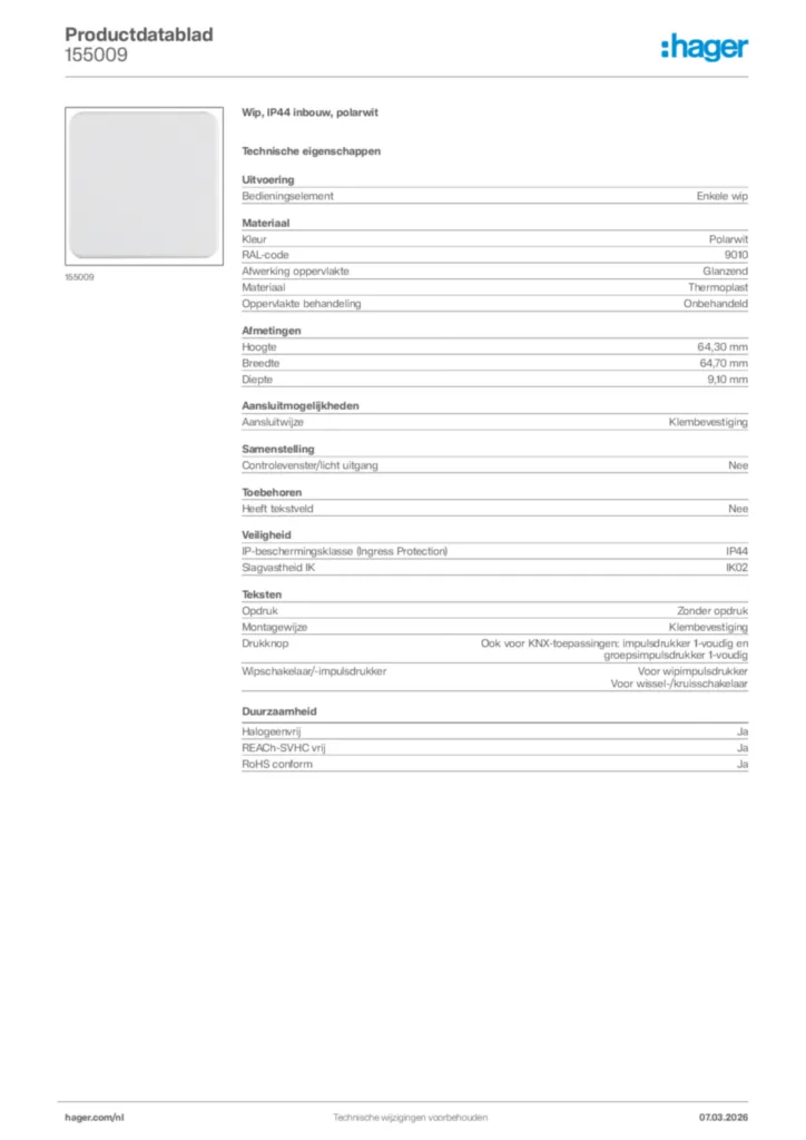 Afbeelding Hager Productdatablad 155009 | Hager Nederland