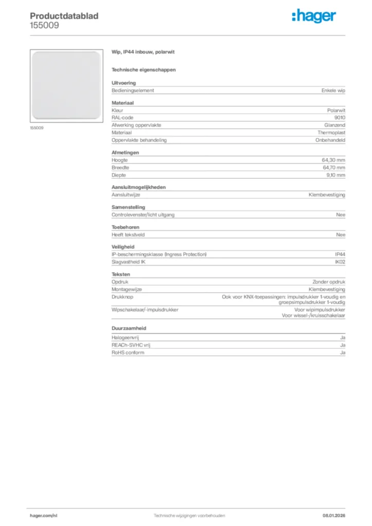 Afbeelding Hager Productdatablad 155009 | Hager Nederland