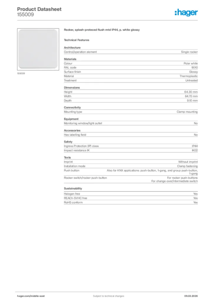 Image Hager Product data sheet 155009  | Hager