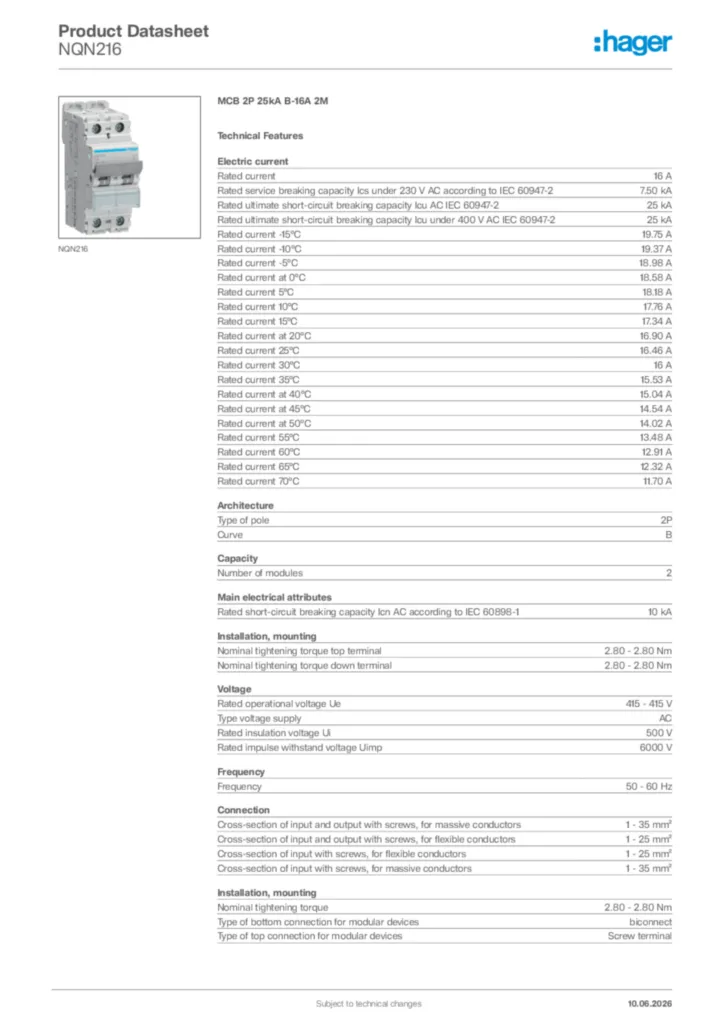 Image Hager Product data sheet NQN216  | Hager Africa
