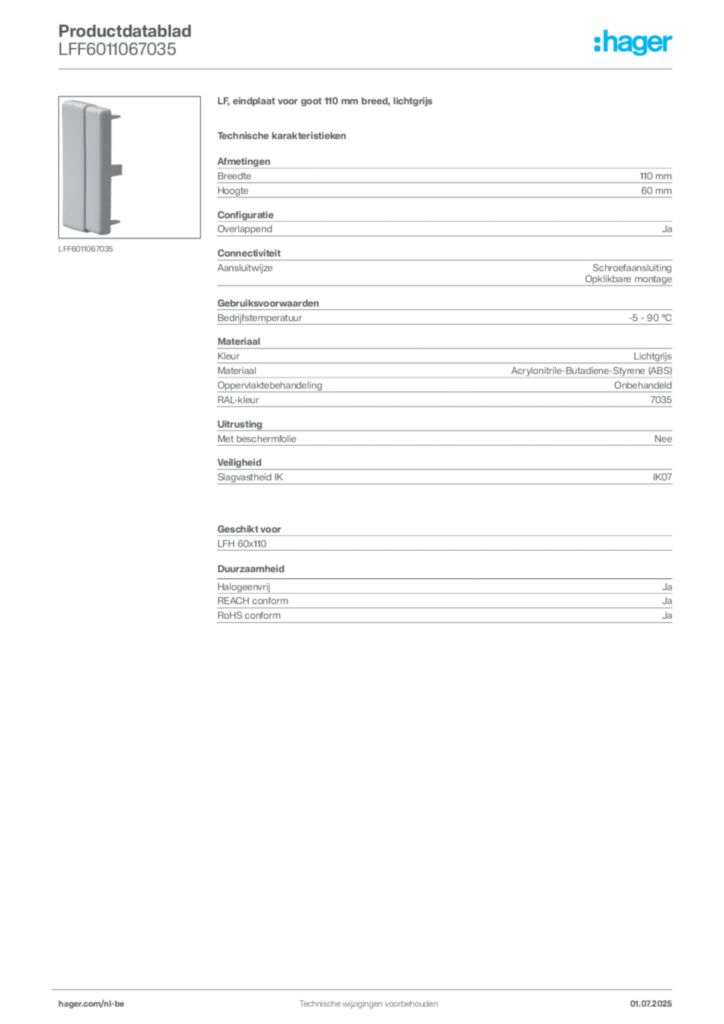 Afbeelding Hager Productdatablad LFF6011067035 | Hager Belgium