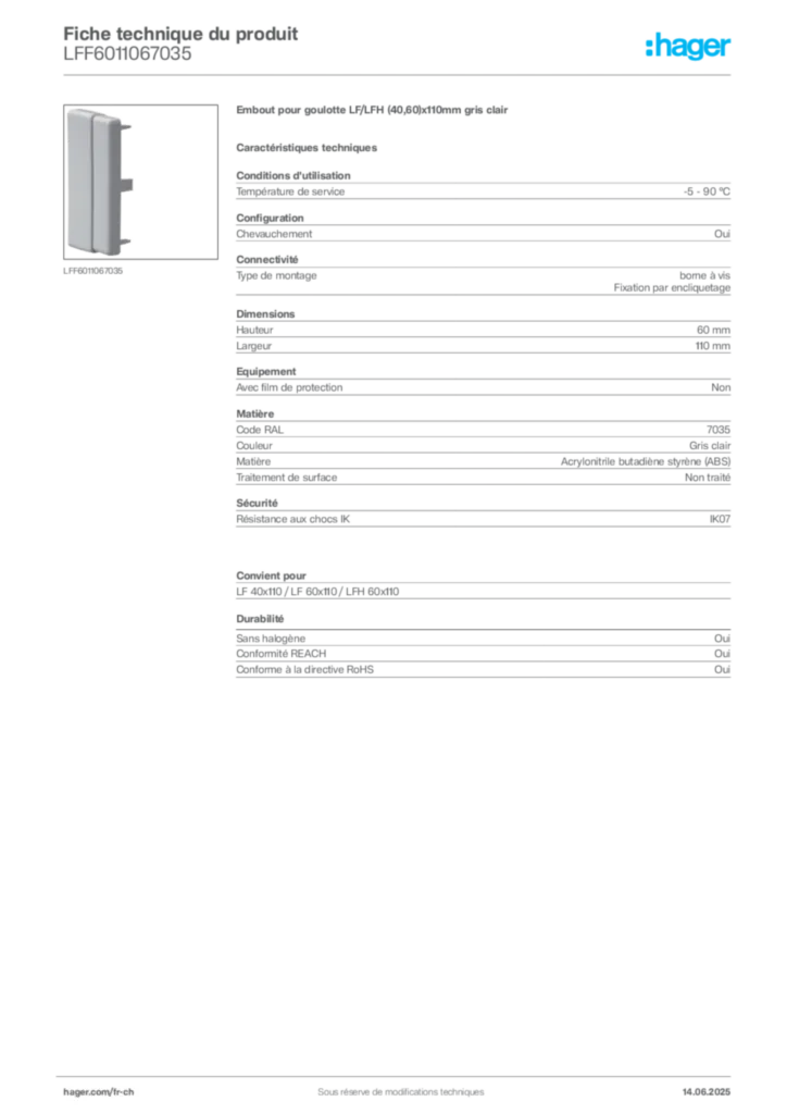 Image Hager Fiche technique du produit LFF6011067035 | Hager Suisse