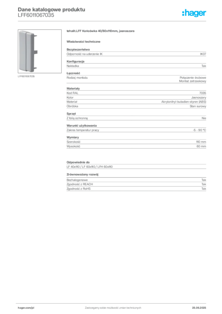 Zdjęcie Hager Karta katalogowa LFF6011067035 | Hager Polska