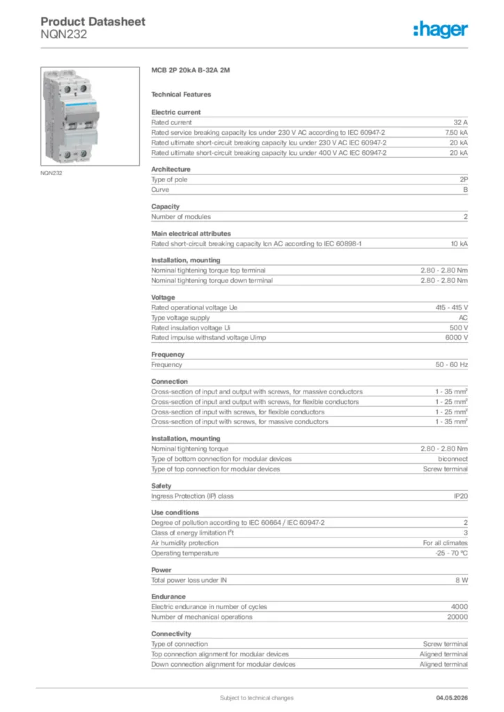 Image Hager Product data sheet NQN232  | Hager Africa