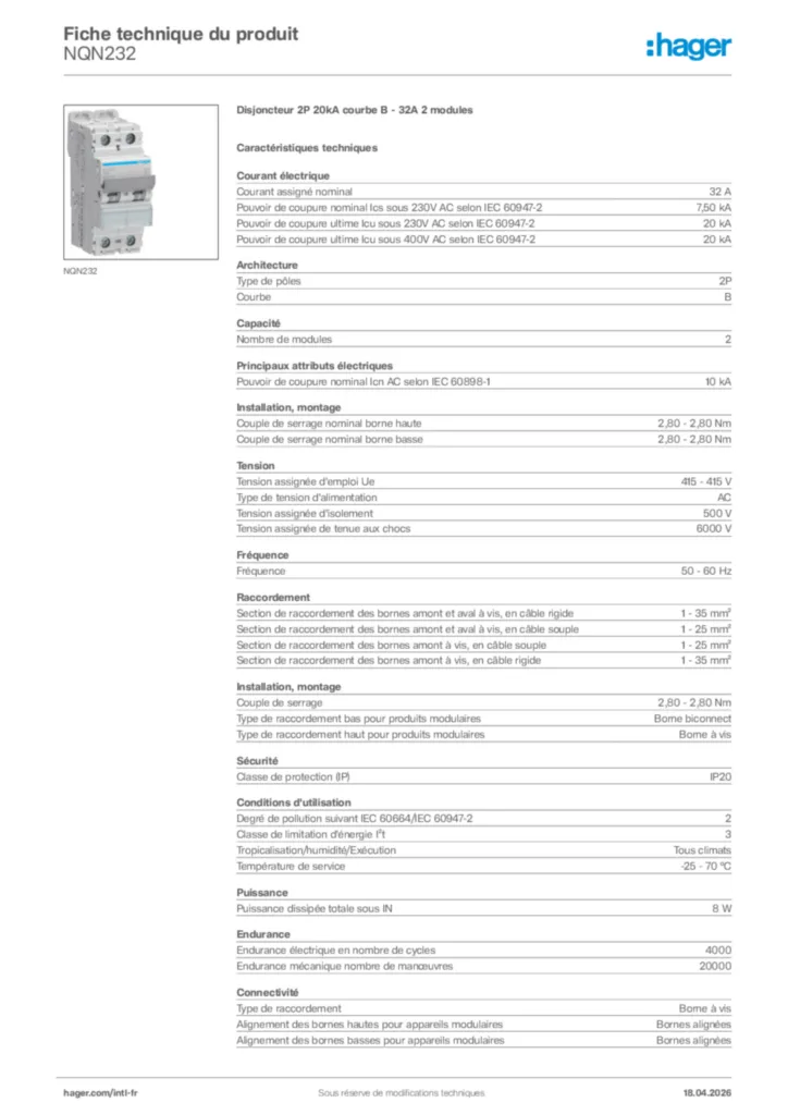 Image Hager Fiche technique du produit NQN232 | Hager Afrique