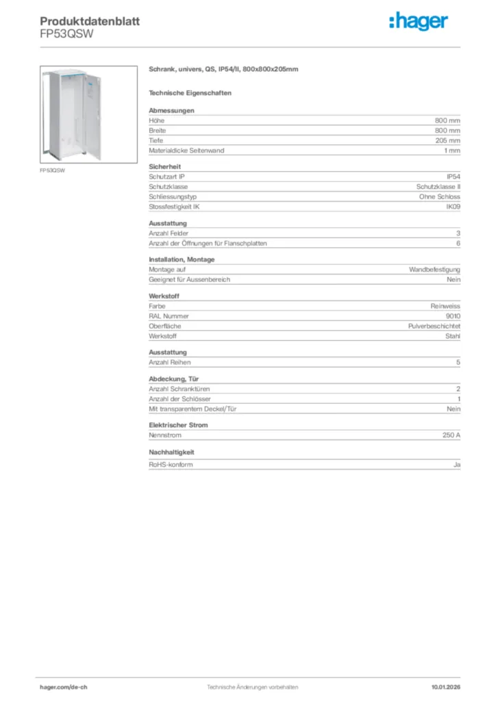 Bild Hager Produktdatenblatt FP53QSW | Hager Schweiz