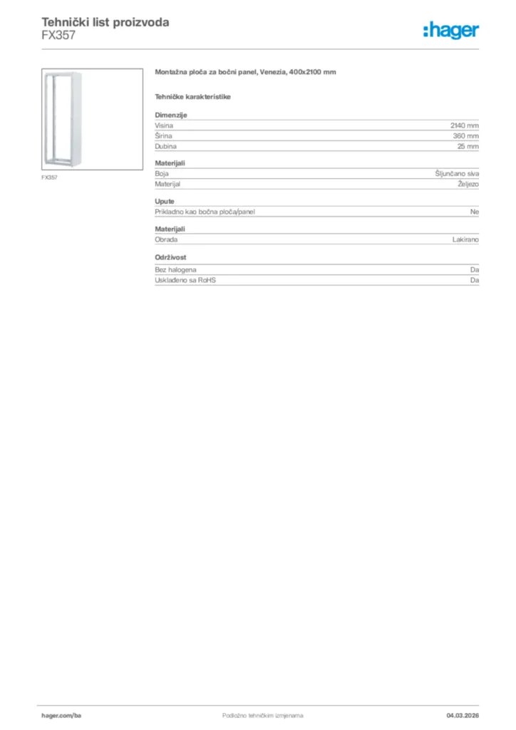 Slika Hager Tehnički list proizvoda FX357  | Hager