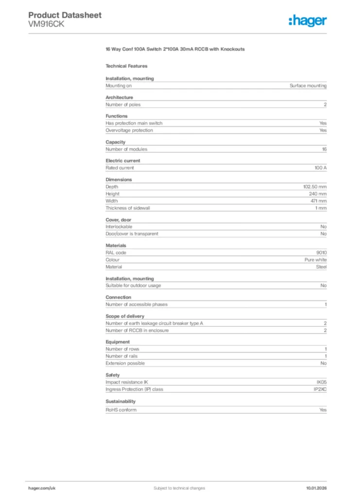 Image Hager Product data sheet VM916CK  | Hager