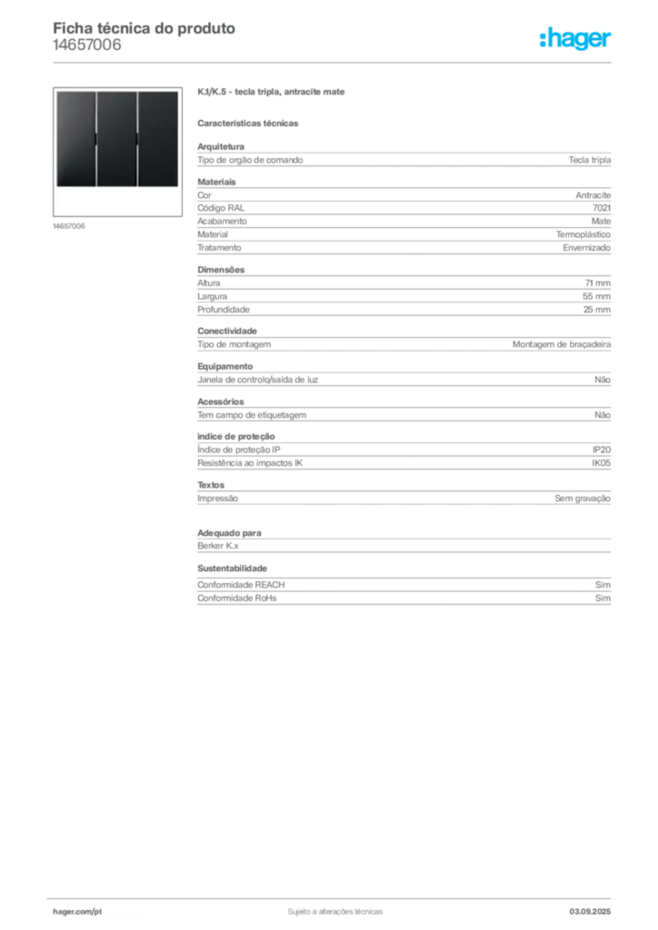 Imagem Hager Ficha técnica do produto 14657006 | Hager Portugal