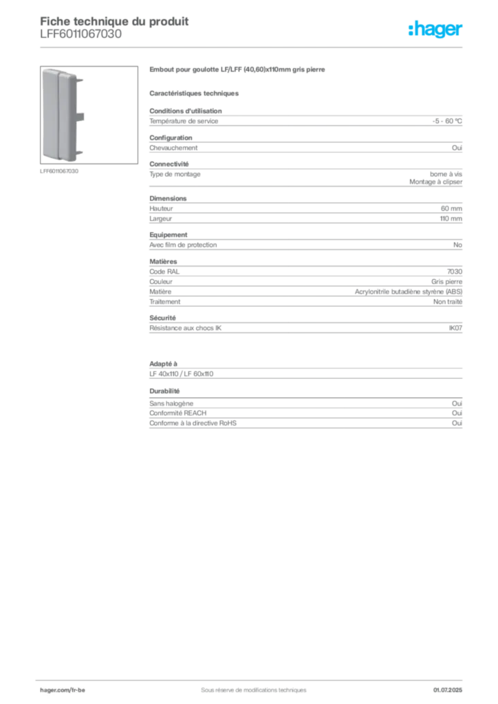 Image Hager Fiche technique du produit LFF6011067030 | Hager Belgique