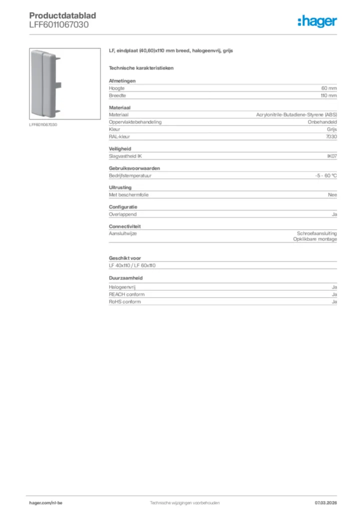 Afbeelding Hager Productdatablad LFF6011067030 | Hager Belgium